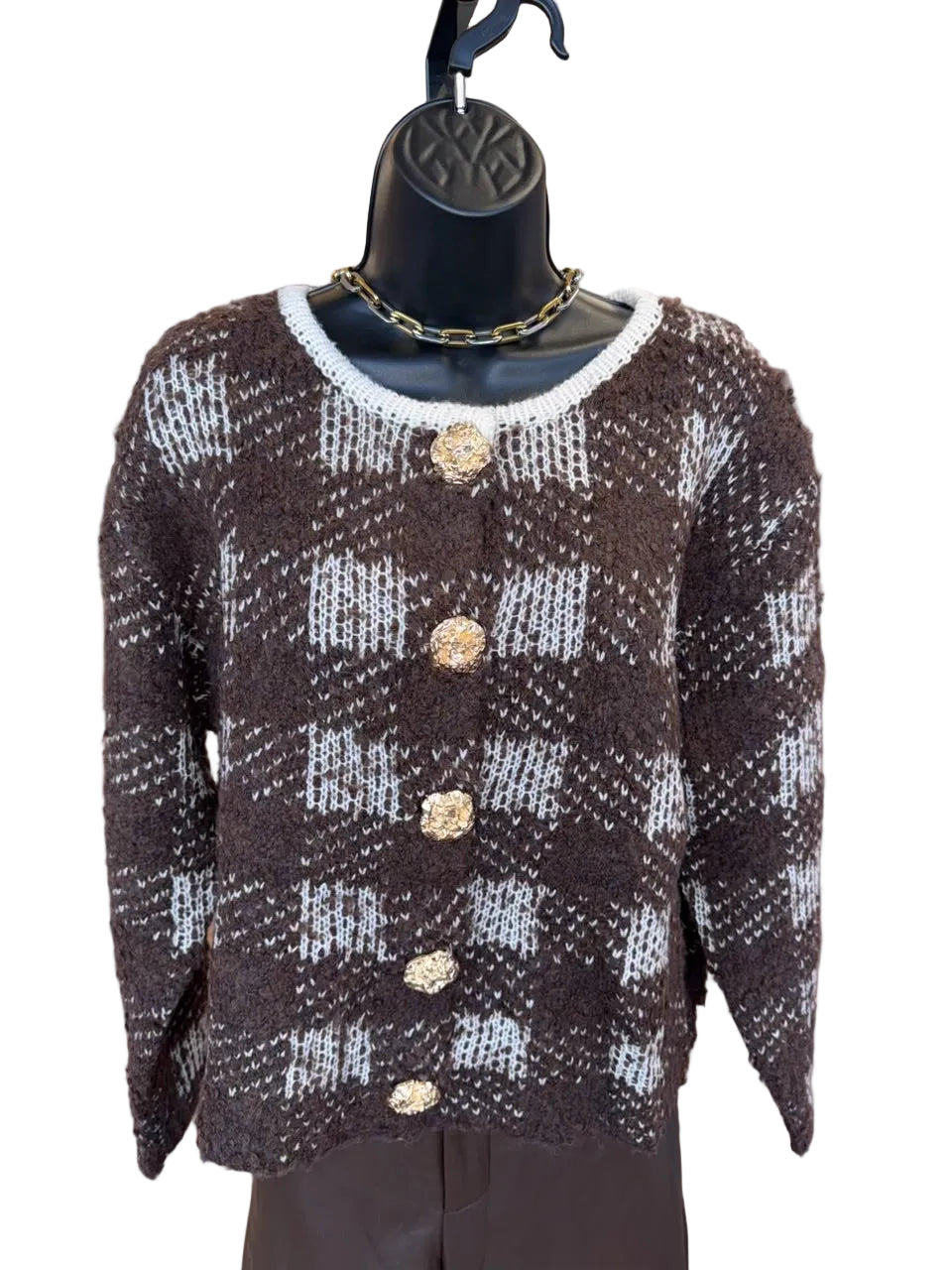 Checkered Knit Cardigan - Brown/Ivory