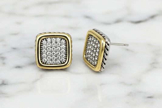 Two Tone Square Pave Post Earring