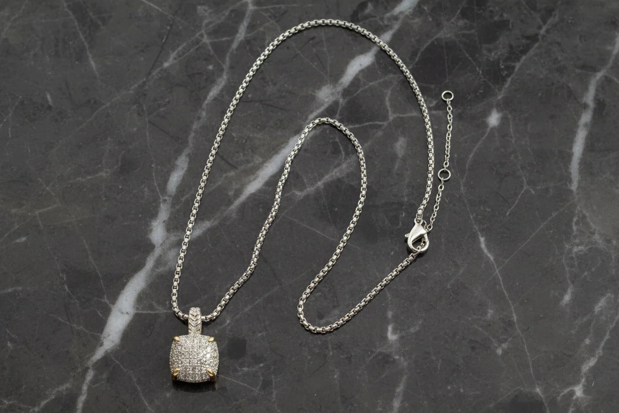 Pave Square Pendant Necklace-16” Two tone