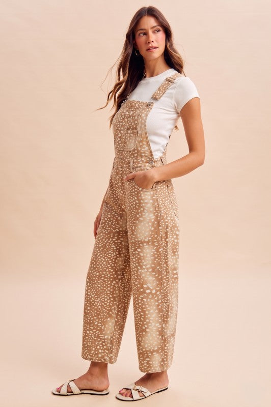 Deer Print Barrel Denim Overalls