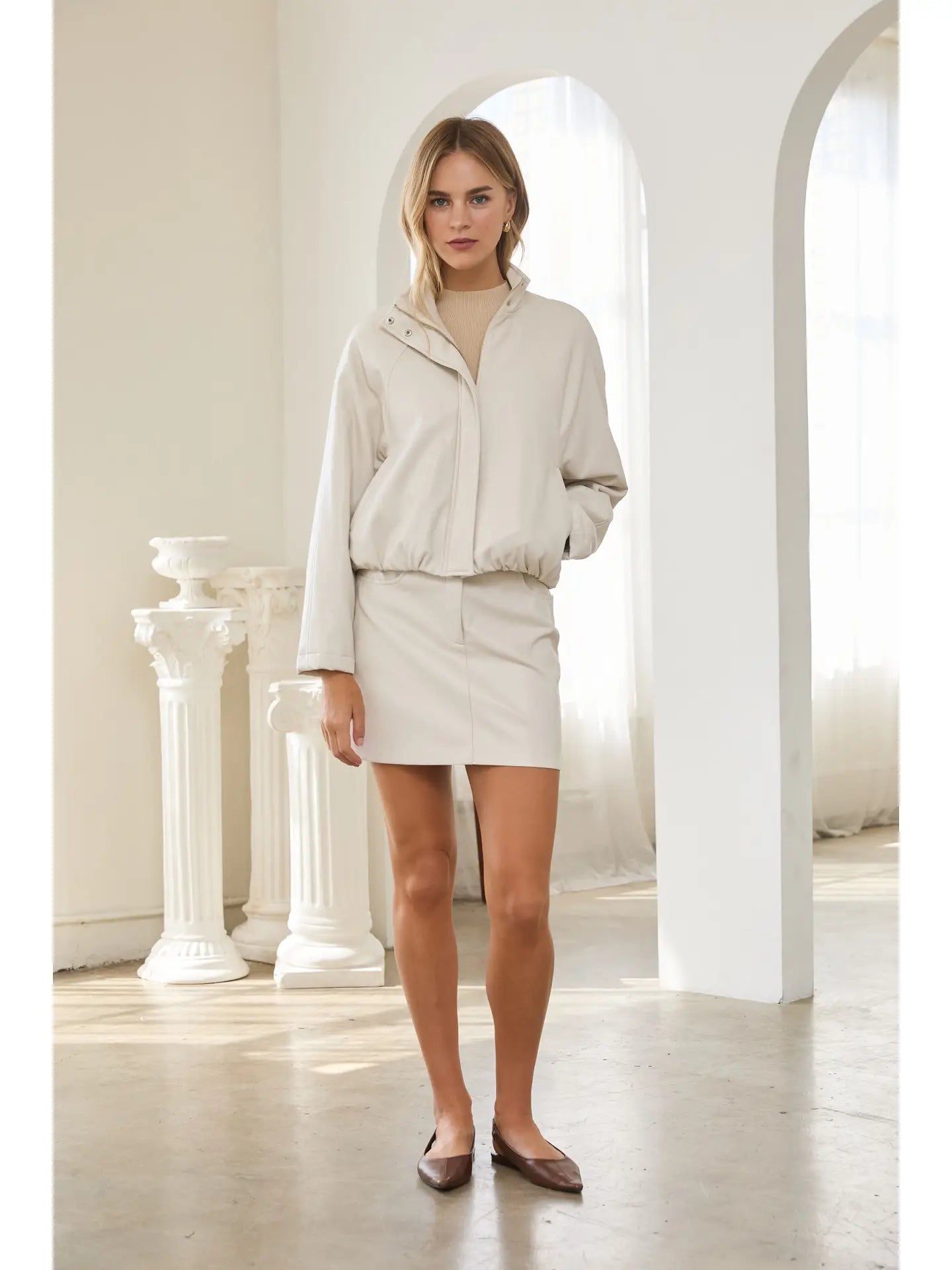 Faux Leather Bomber Jacket - Ivory