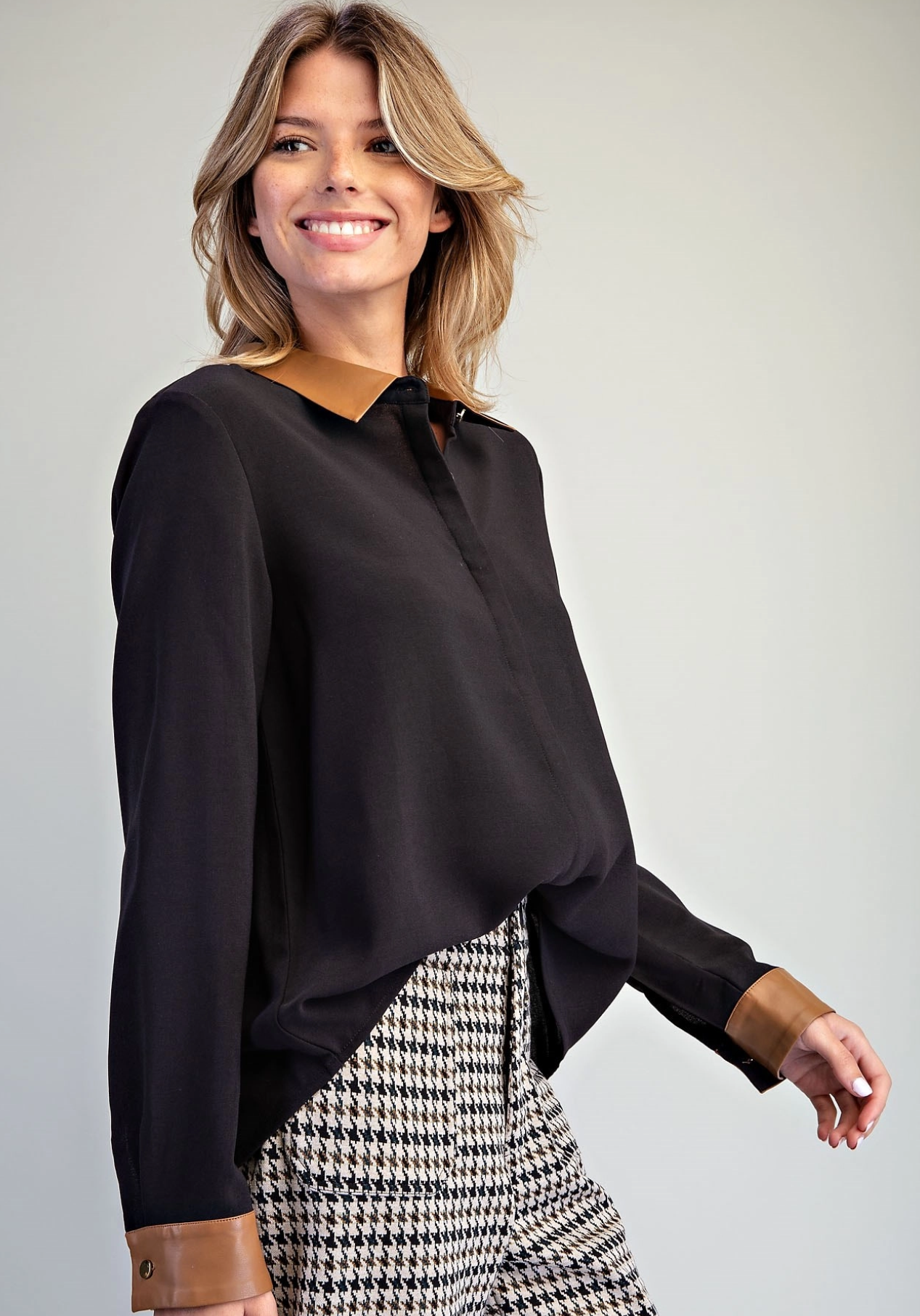 Pleather Contrast Trim Blouse