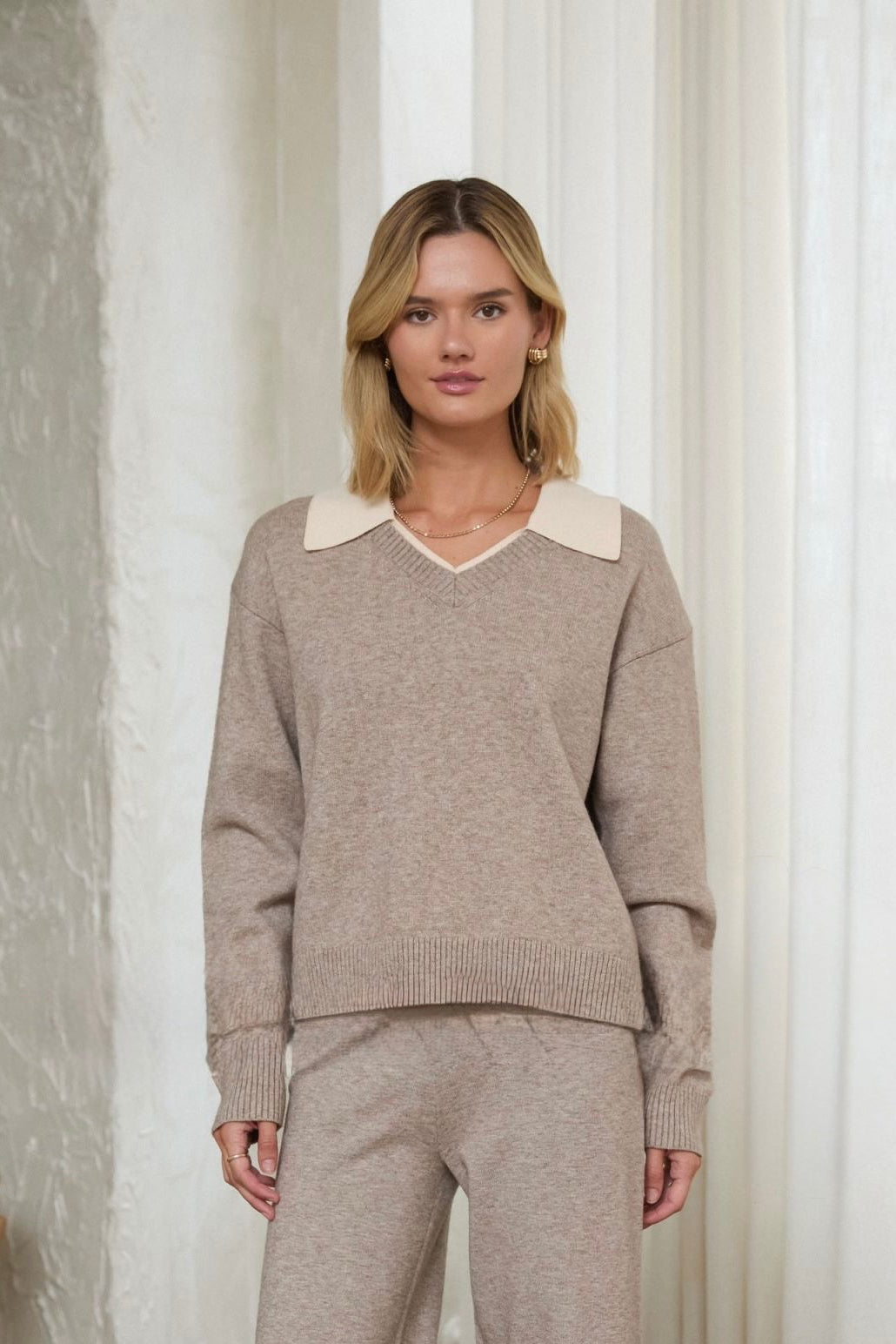 Oatmeal Knit Collar Top