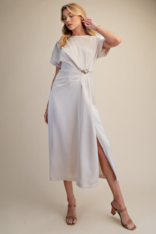 Gathered Metal Trim Midi Dress - Cream