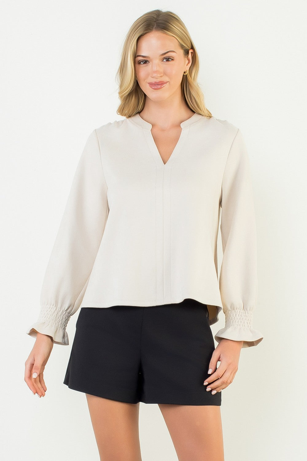 Classic V Neck Suede Top In Cream