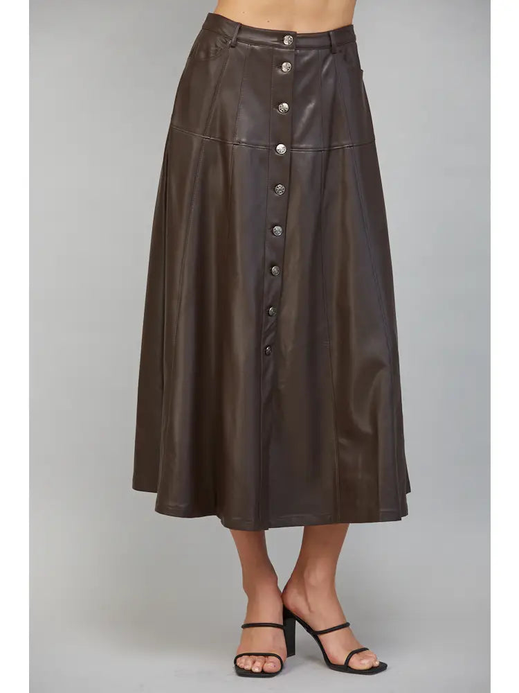 Button Down Leather Midi Skirt