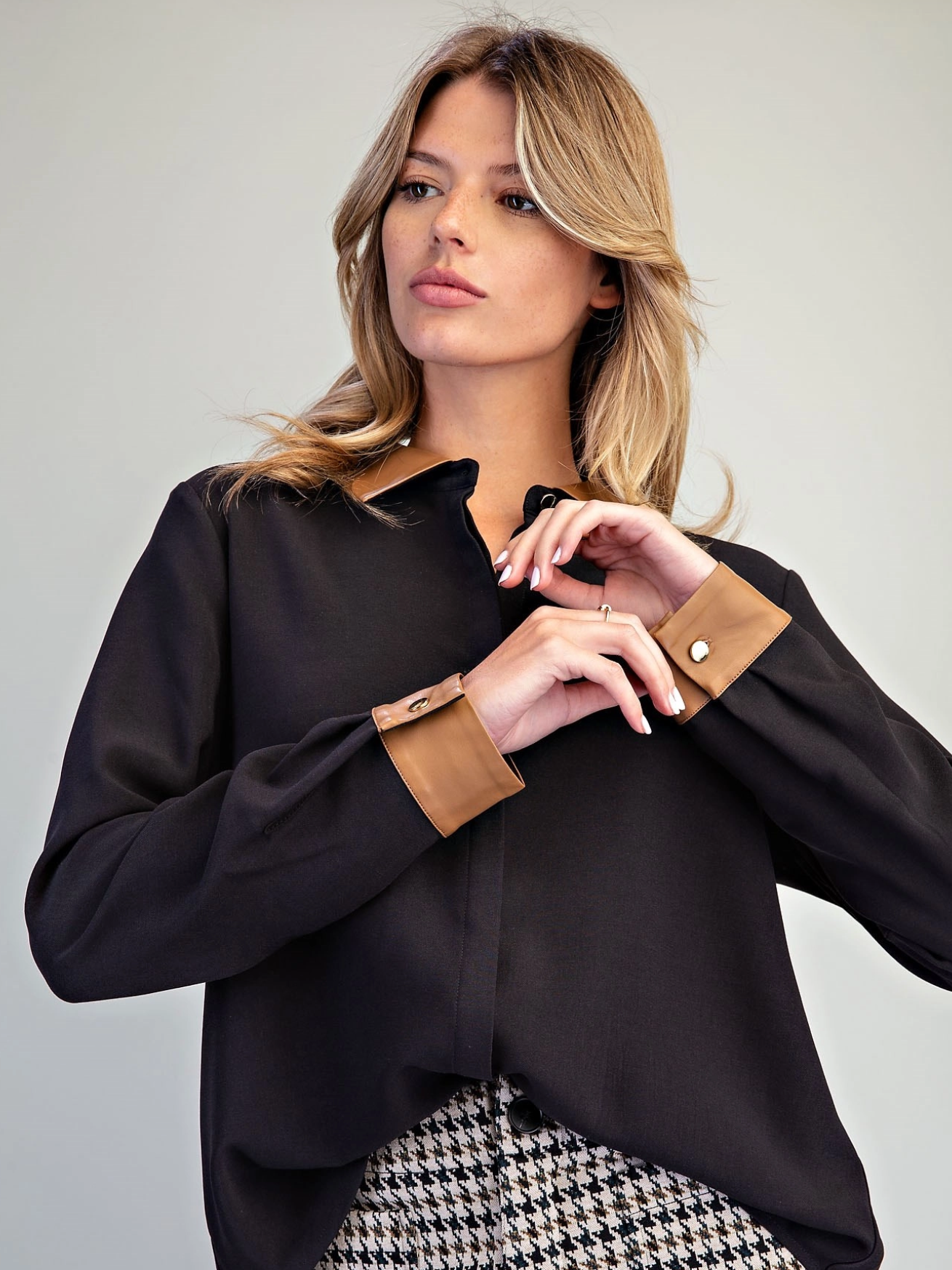 Pleather Contrast Trim Blouse