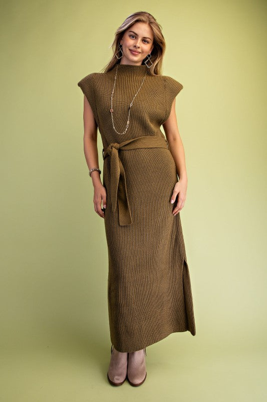 Olive High Neck Knit Midi Dress