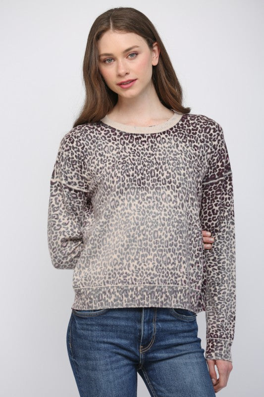 Animal Crew Neckline Sweater - Beige/Plum
