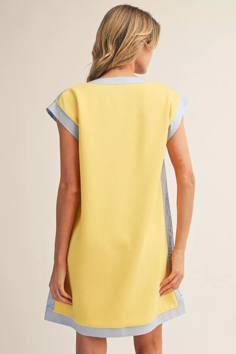 V-Neck Shift Dress - Yellow/Blue