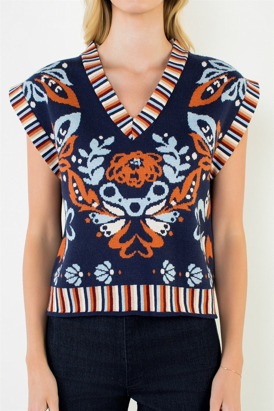 Flower Print With Stripe Detail Vest