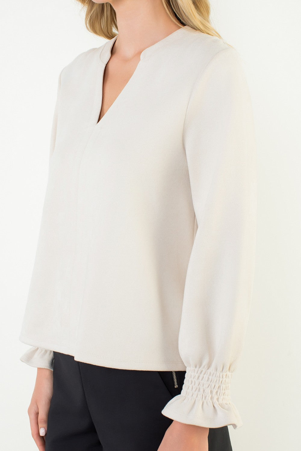 Classic V Neck Suede Top In Cream