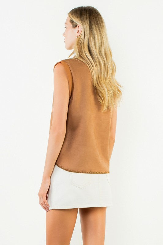 Stitching Detail Suede Top - Camel