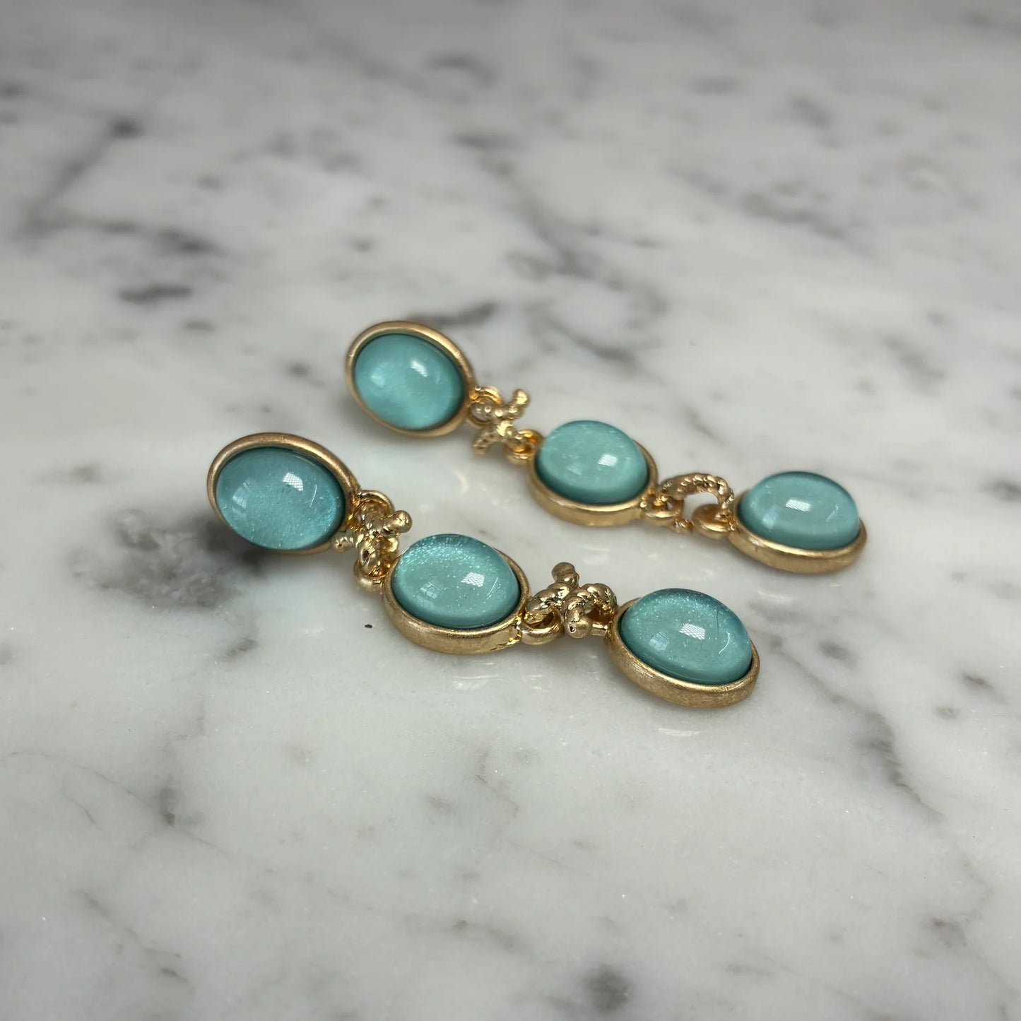 Tri Oval Stone Link Earring - Aqua