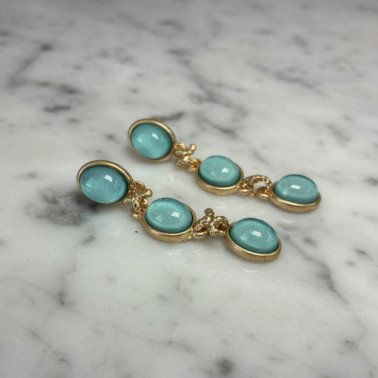 Tri Oval Stone Link Earring - Aqua