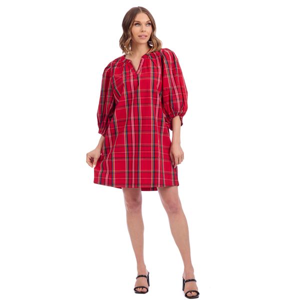 Red Balloon Sleeve Plaid Dress