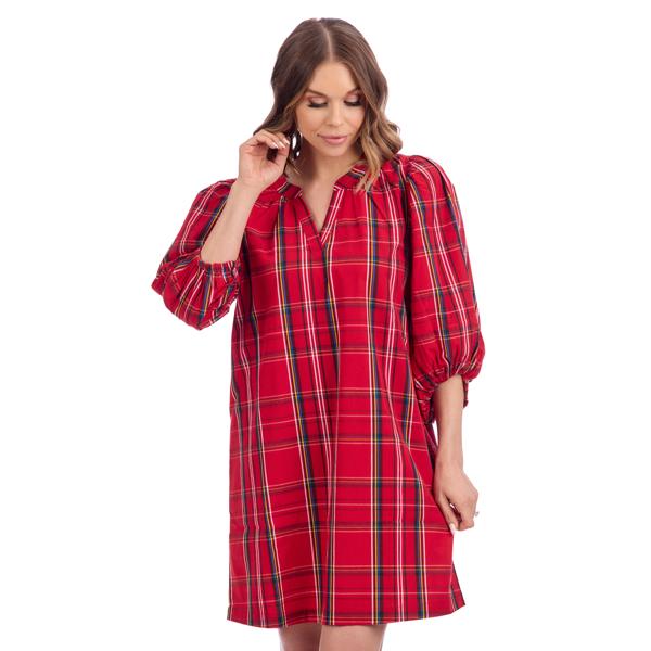 Red Balloon Sleeve Plaid Dress