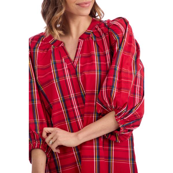 Red Balloon Sleeve Plaid Dress