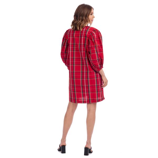 Red Balloon Sleeve Plaid Dress