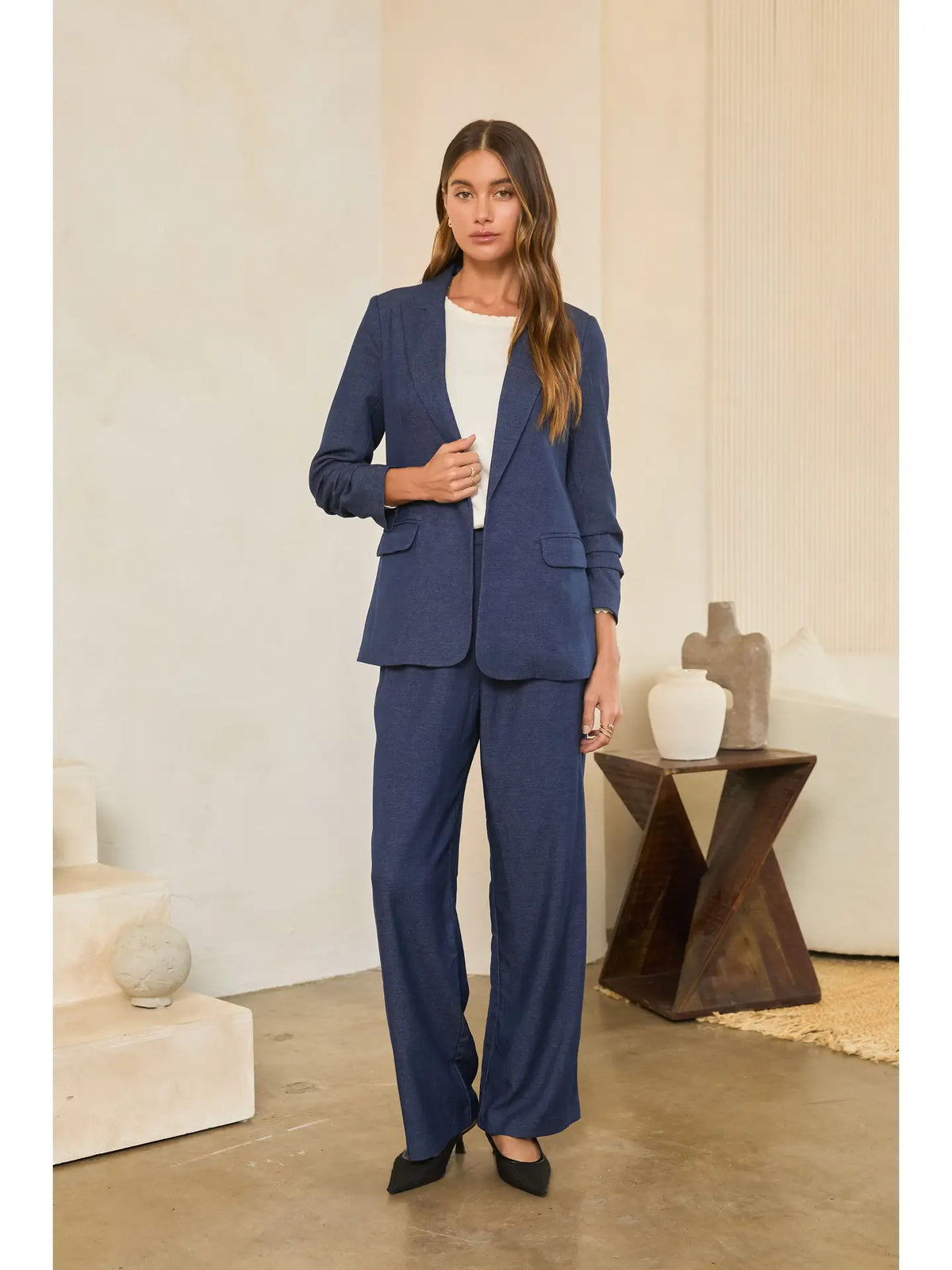 Open-Front Gathered Sleeve Blazer