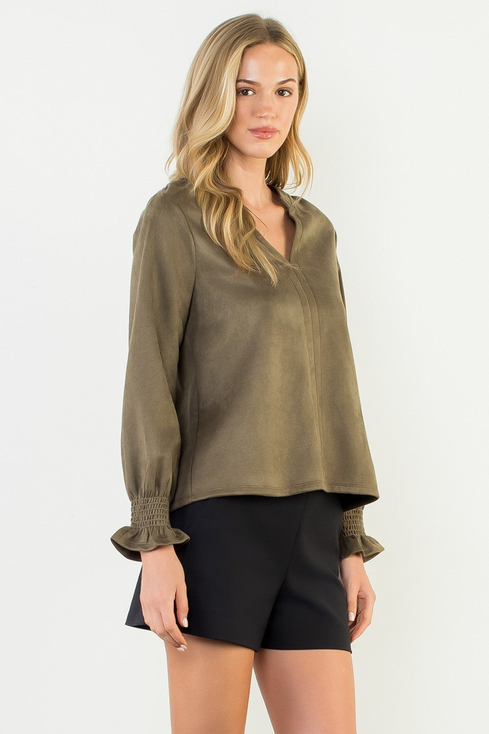 Classic V Neck Suede Top In Olive