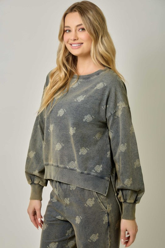 Washed Black Printed Denim Sweater
