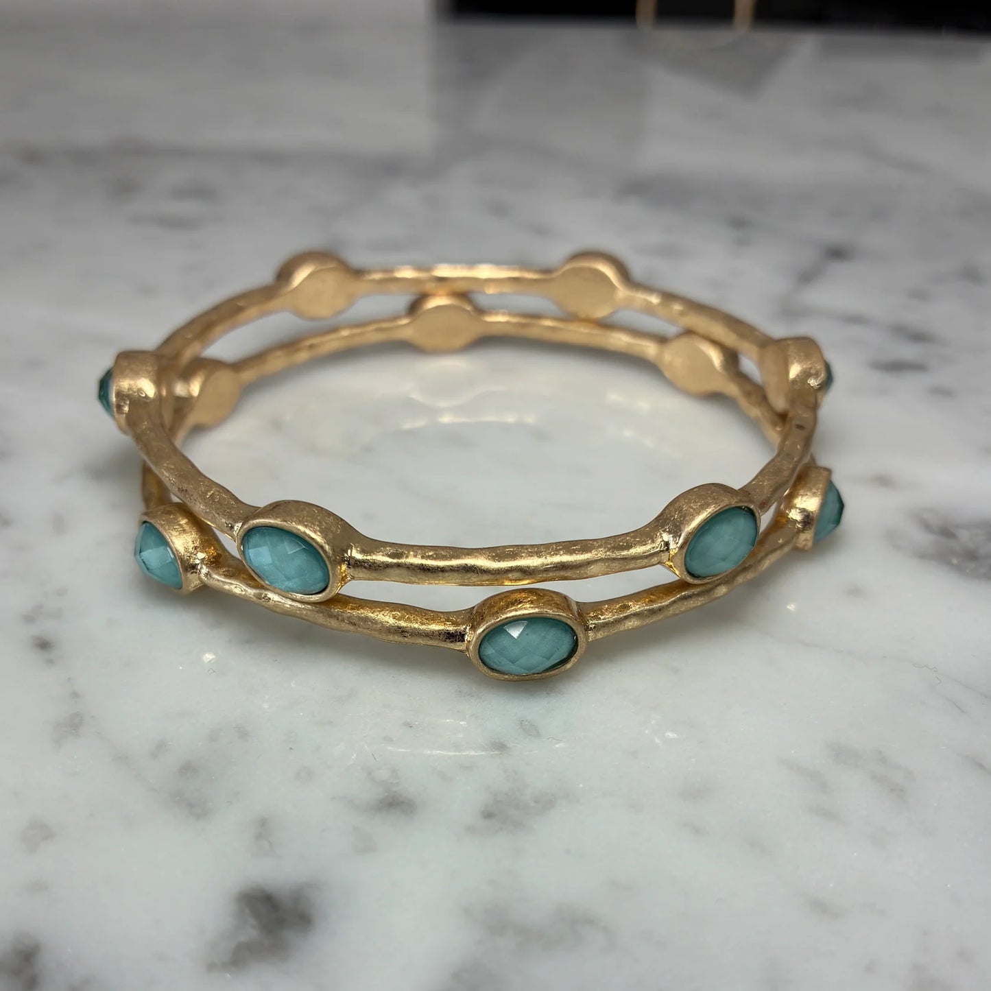 Bamboo Bangle with Stones Set - Aqua