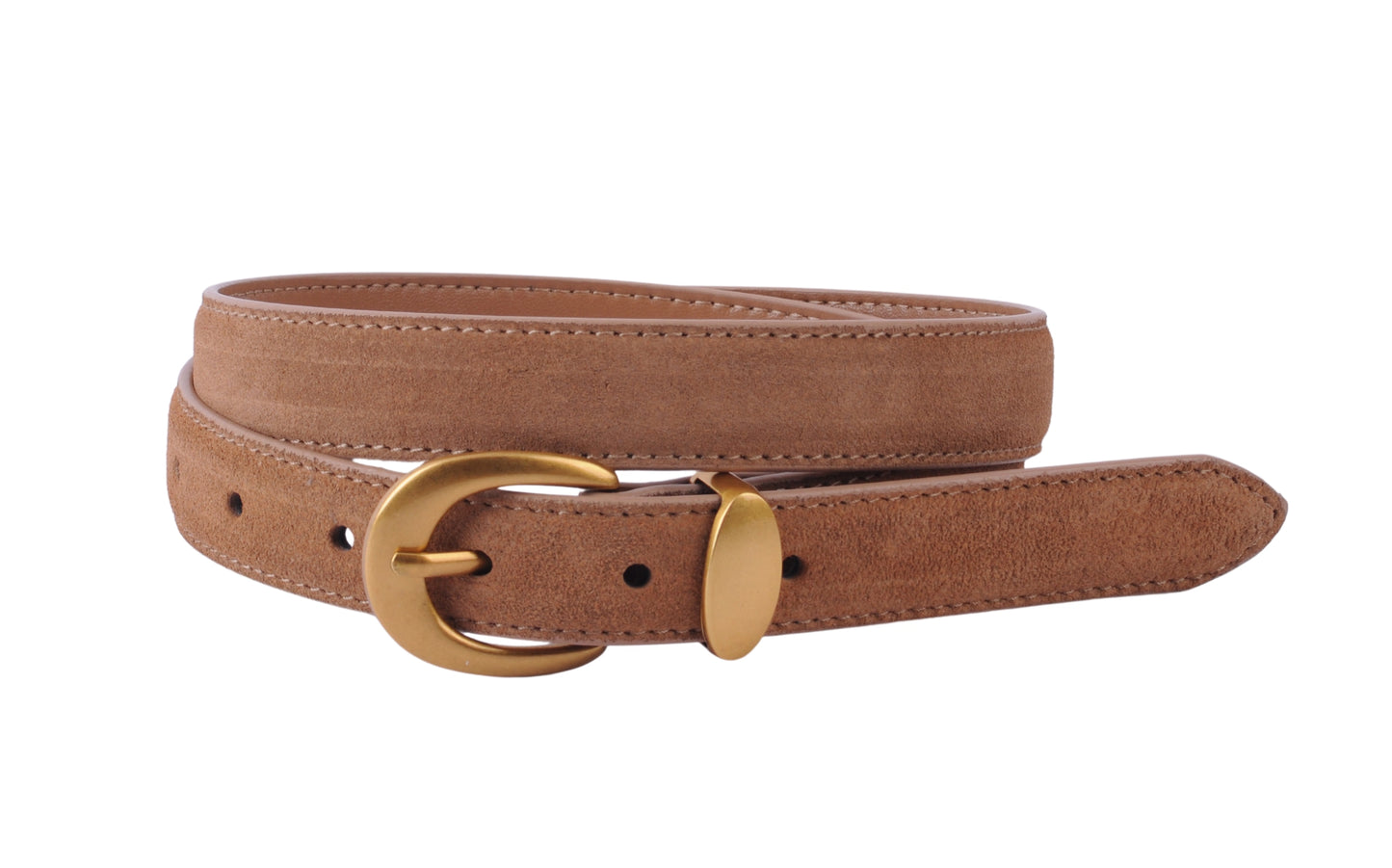 Suede Belt With Curved Gold Buckle in Camel