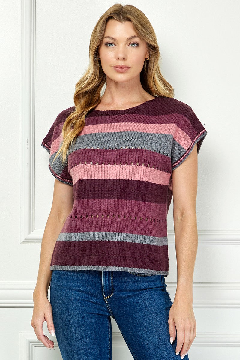 Berry Striped Cap Sleeve Sweater Top