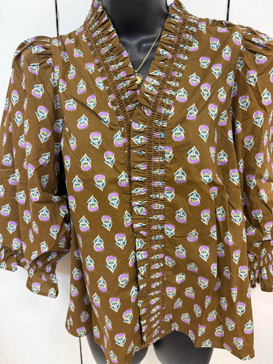 Brown Smocked Sleeve Floral Top