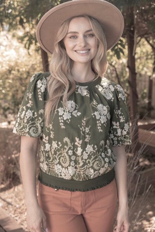 Brown Floral Banded Top