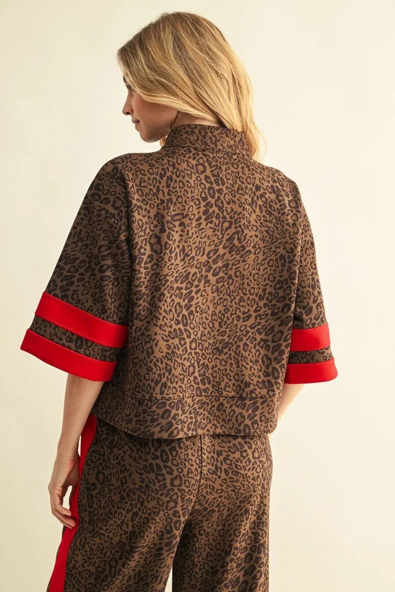 Faux Suede Zip Up Leopard Top