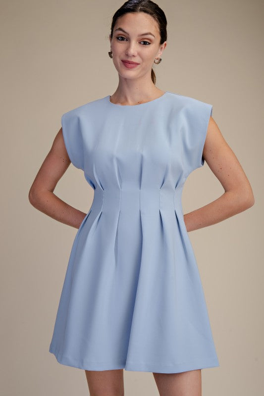 Round Neck Waist Pleated Mini Dress