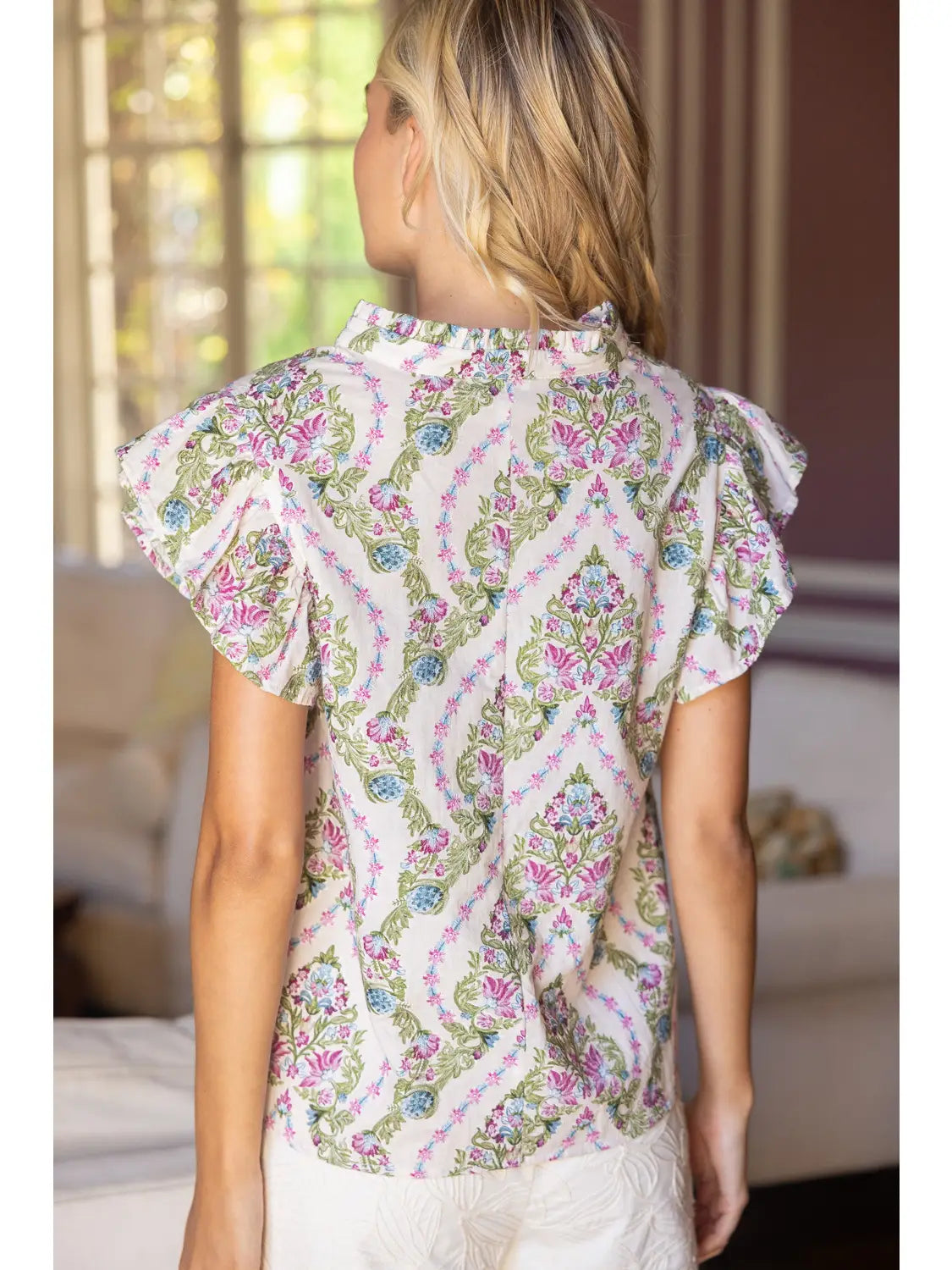 Ruffle Sleeve Embroidered Floral Print Top