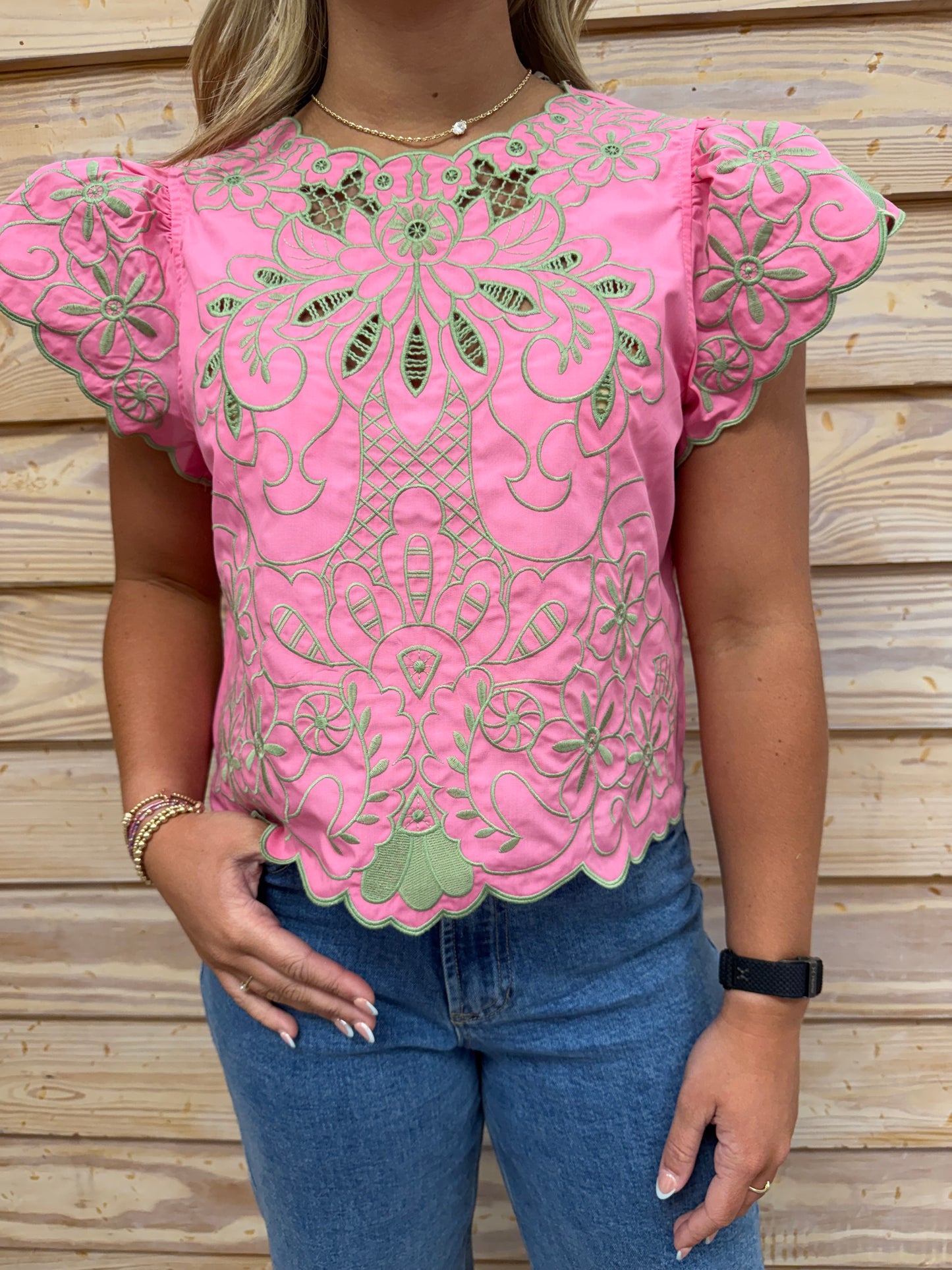 Pink Top With Green Embroidery