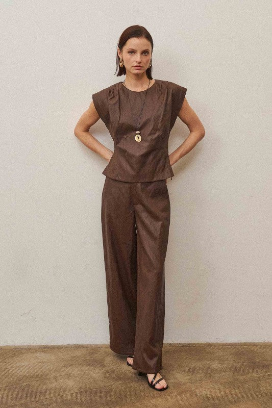 Leather Top And Pant Set - Chocolate