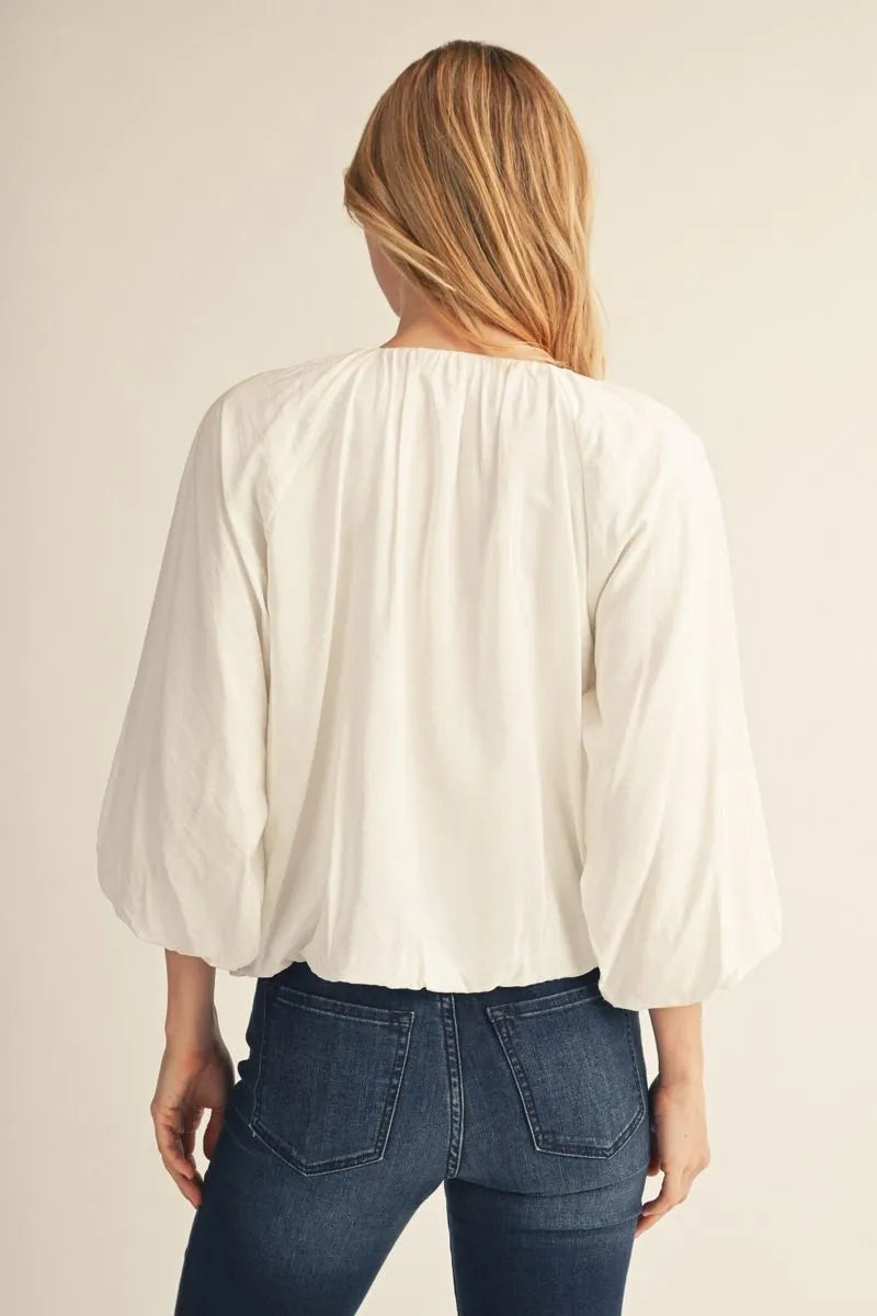 3/4 Puff Sleeve Crinkle Top - Ivory