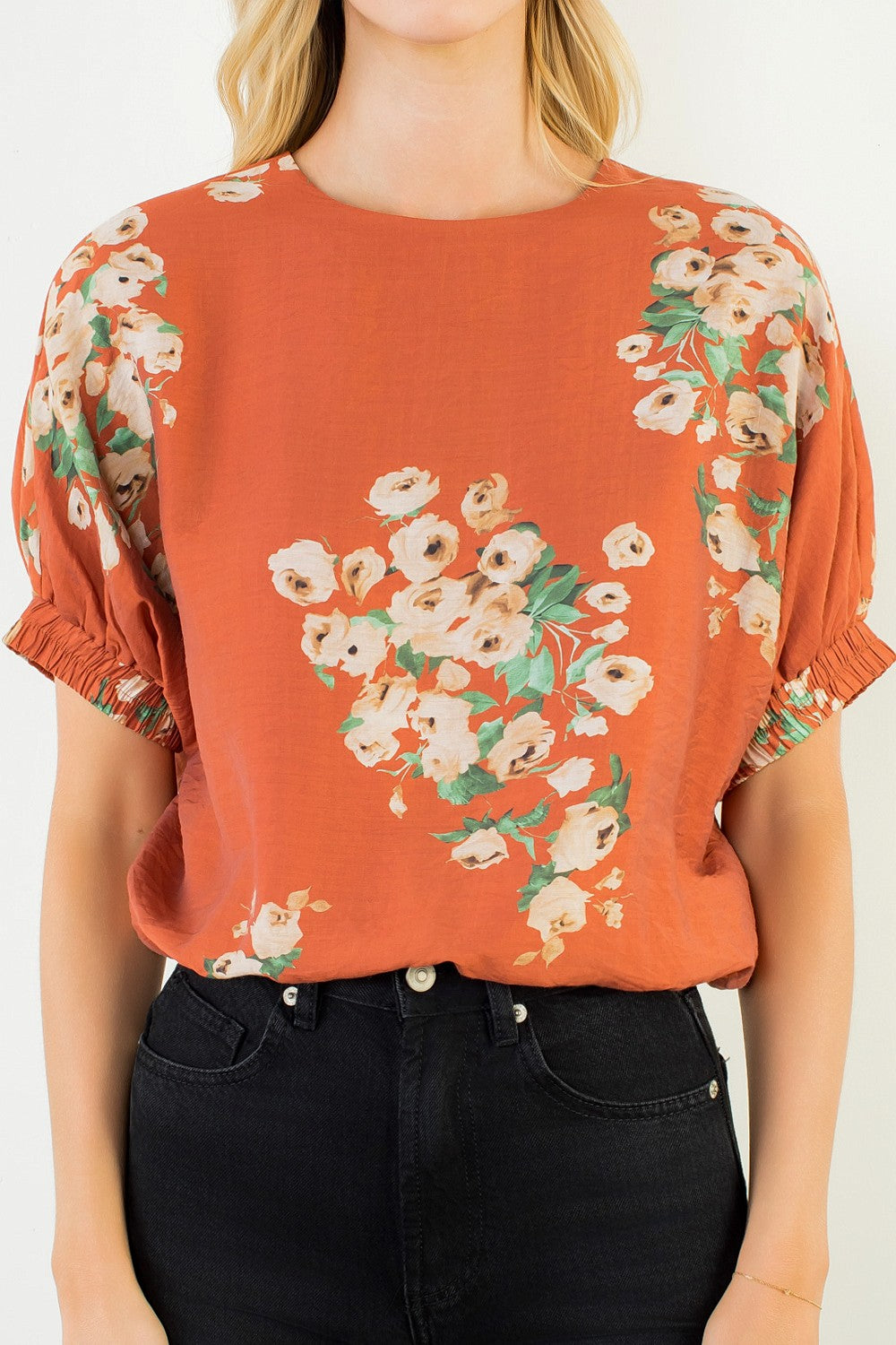 Short Sleeve Loose Floral Top - Rust