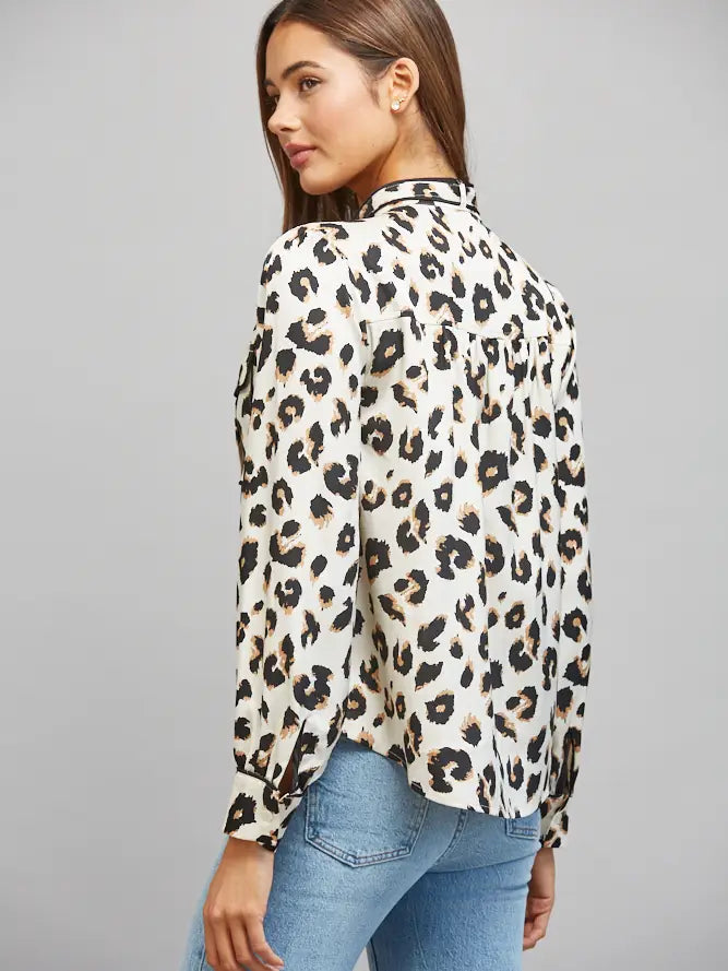 Animal Print Piping Detail Long Sleeve Top