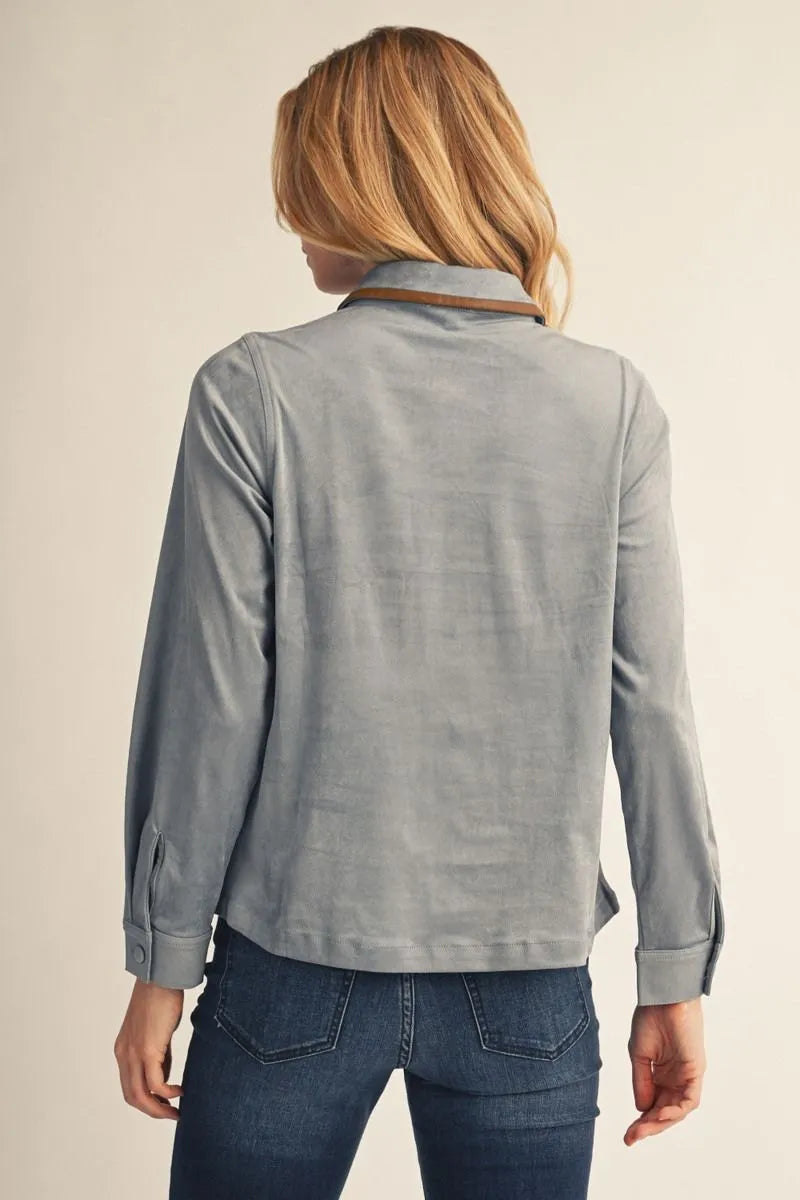 Faux Suede Long Sleeve Top - Light Blue