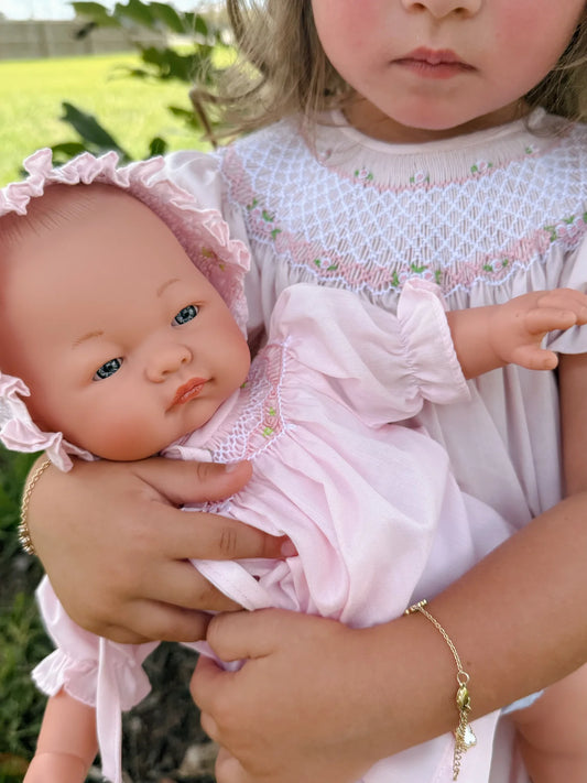 15” Pink Doll Bishop Rose Dress W Bonnet