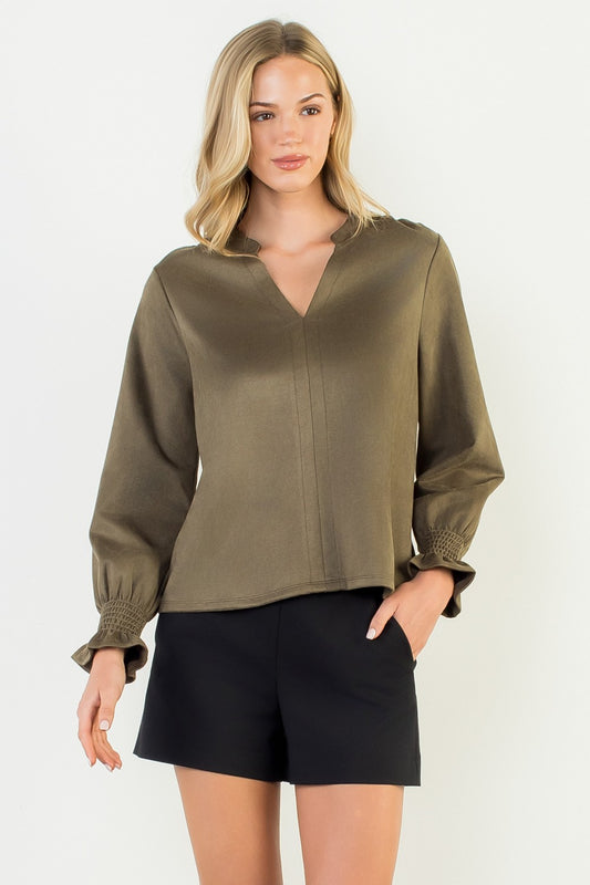 Classic V Neck Suede Top In Olive