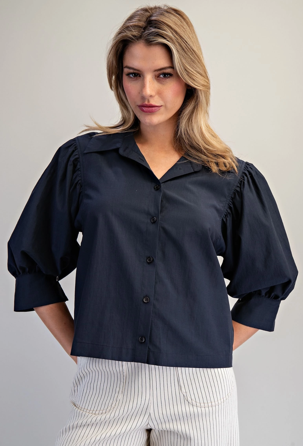 Solid Puff Sleeve Button Down Shirt