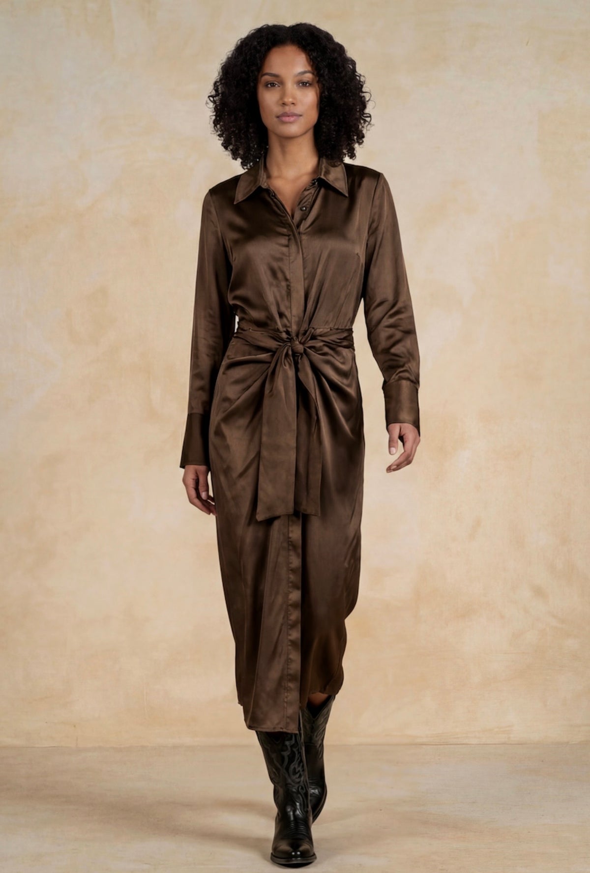 Maxi Wrap Front Tie Dress - Brown