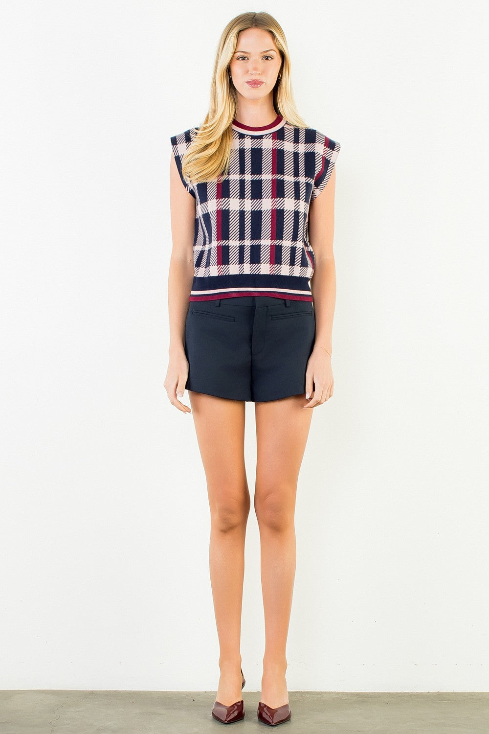 Navy Plaid Knit Sweater Vest