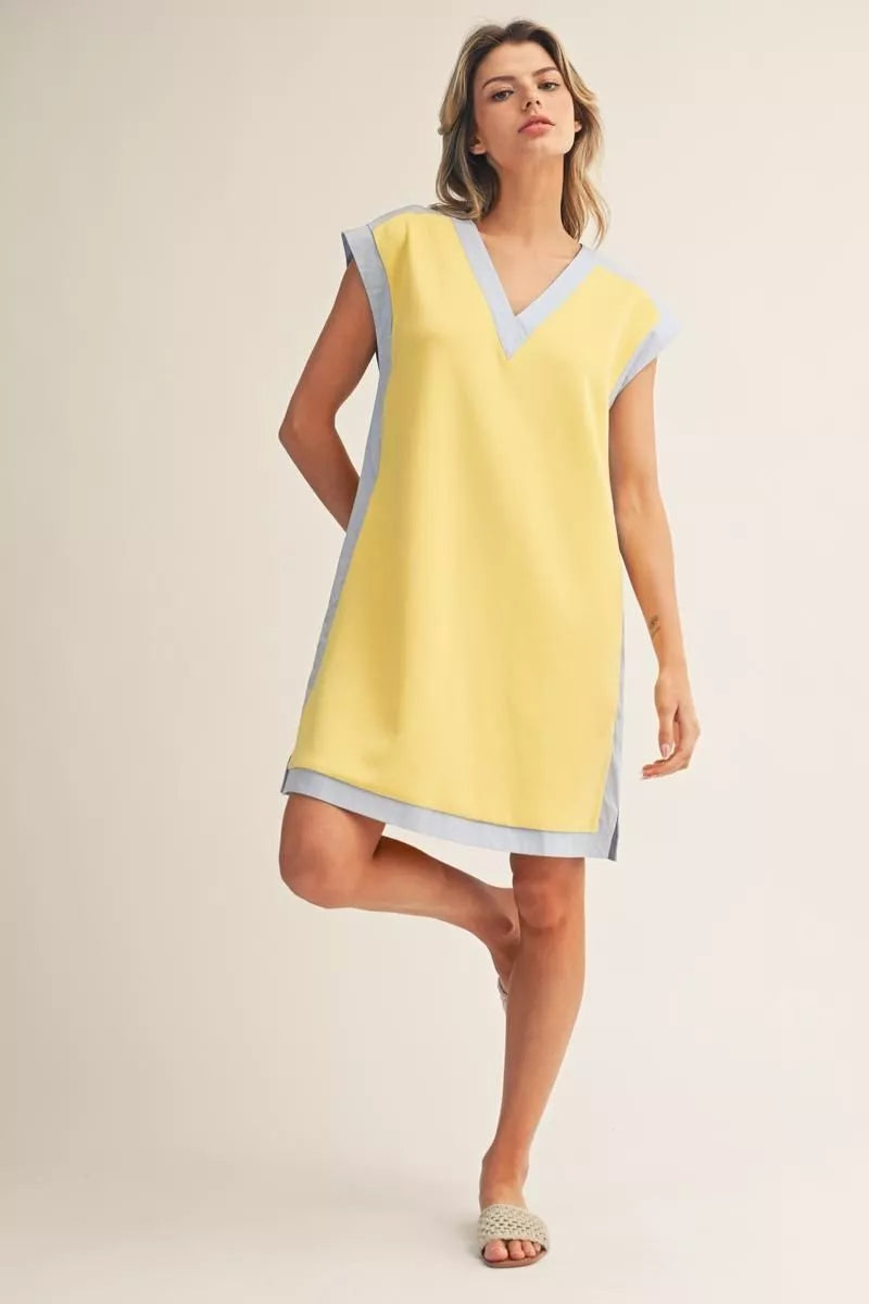 V-Neck Shift Dress - Yellow/Blue