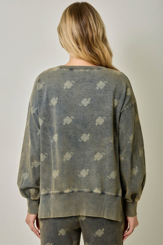 Washed Black Printed Denim Sweater