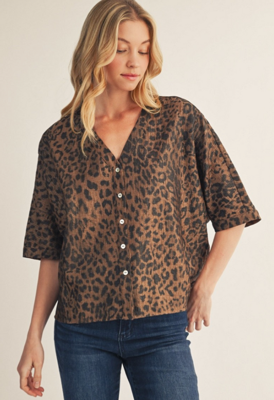 Button Down Metallic Leopard Top In Brown