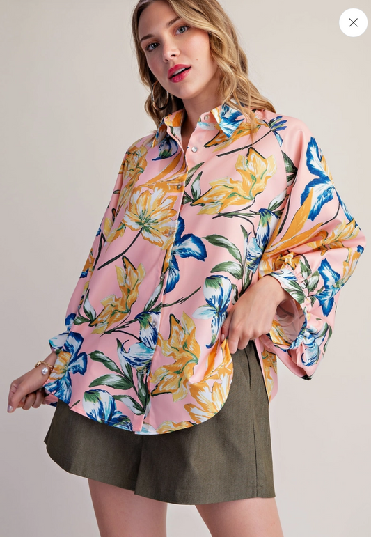 Floral Button Balloon Sleeve Shirt