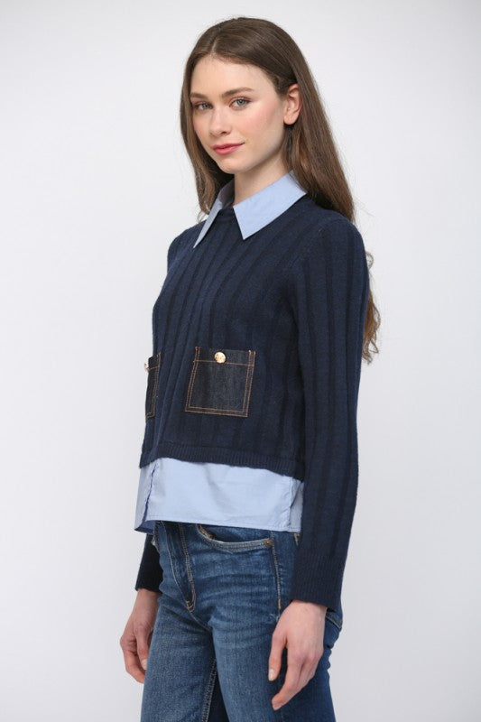 Denim Patch Pocket Sweater